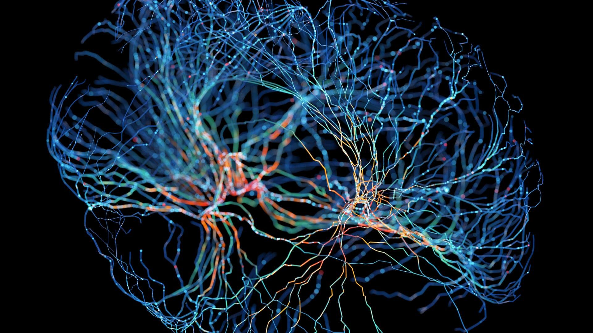 System of neurons with glowing connections on black background